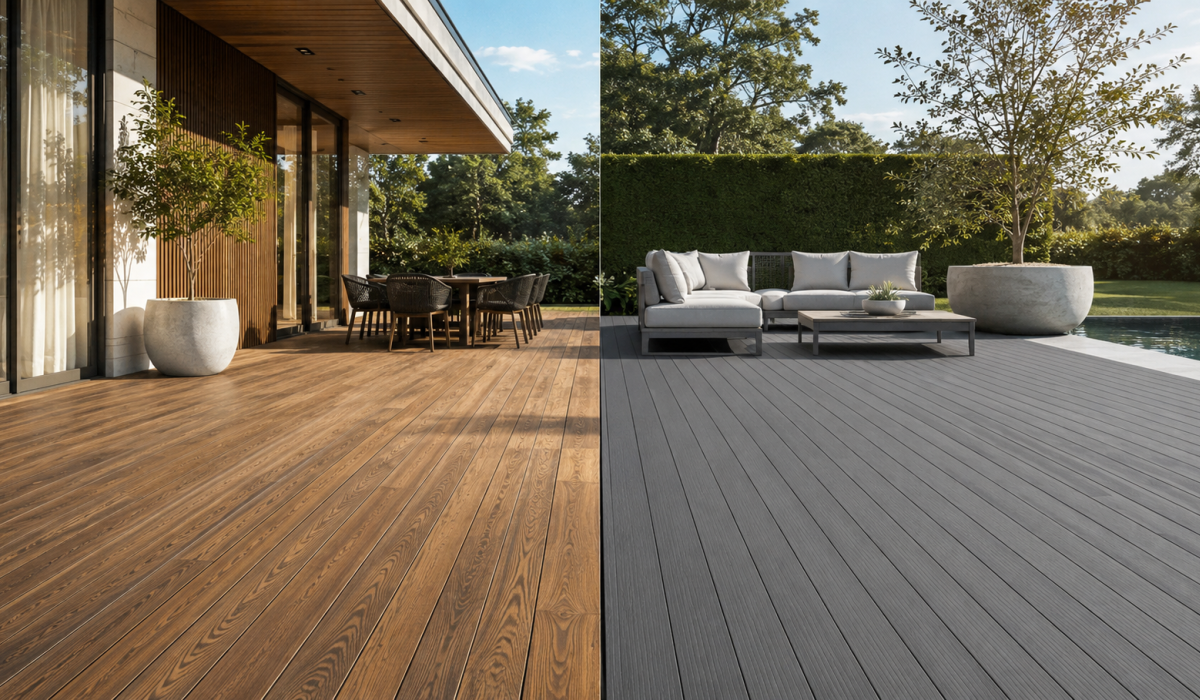 Thermory Thermowood és WPC teraszburkolat összehasonlítása modern kültéri teraszon